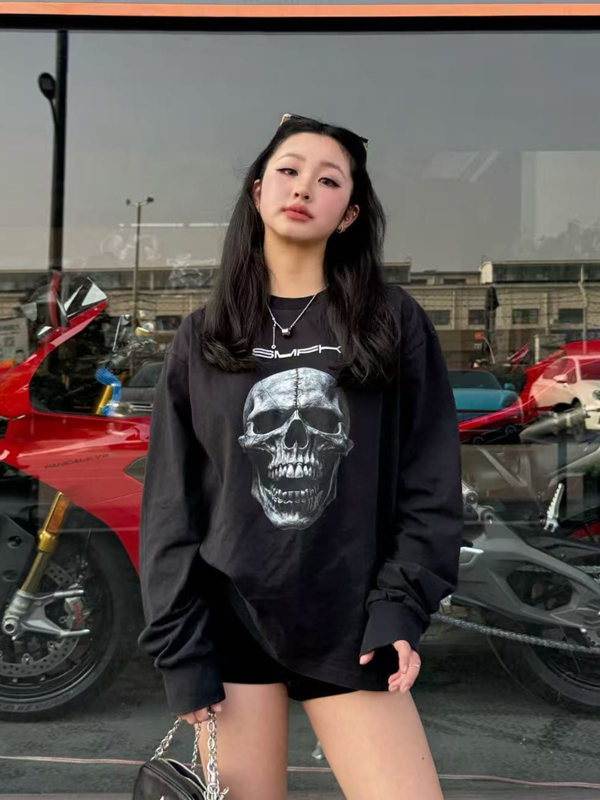 SMFK Skull Graphic Cotton Sweatshirt in Black - On Female Model