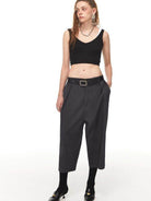 SIMPLE PROJECT Pleated Cropped Wide Leg Trousers in Gray - On Female Model