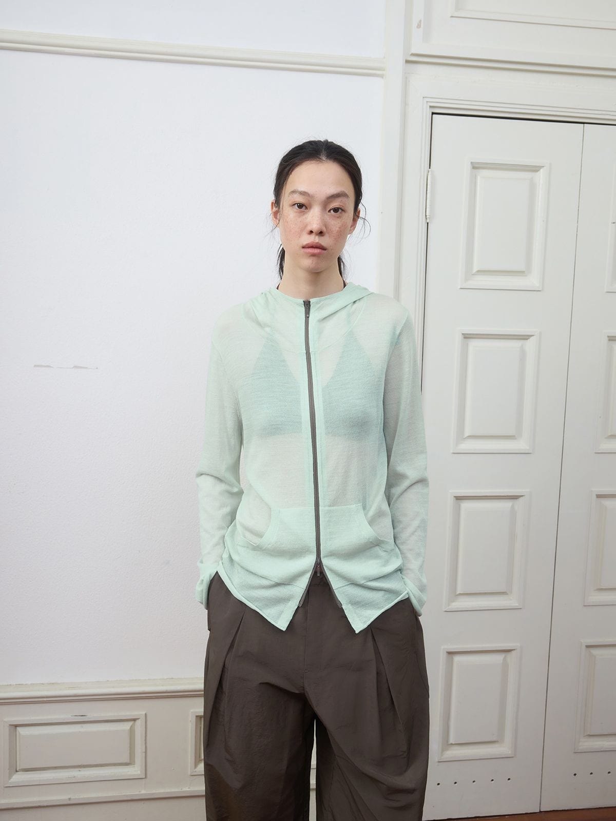Random Piece Lightweight Merino Hooded Zip Cardigan in Mint - On Female Model