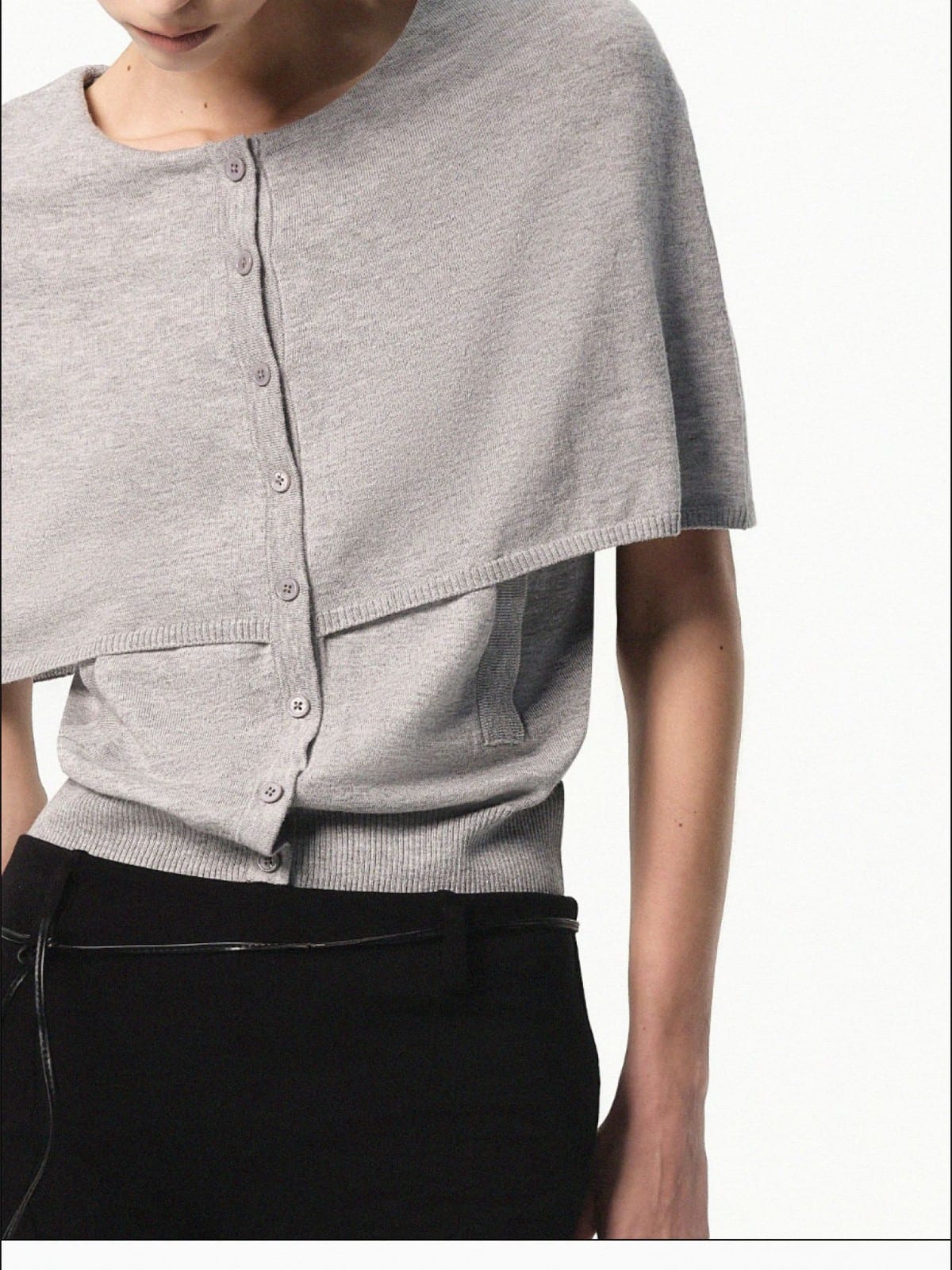 RARELY ALIKE Mock Two Piece Cape Knit Cardigan in Gray - On Female Model