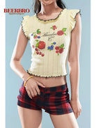 BeerBro Fruit Print Lettuce Edge Crop Top in Yellow - On Female Model