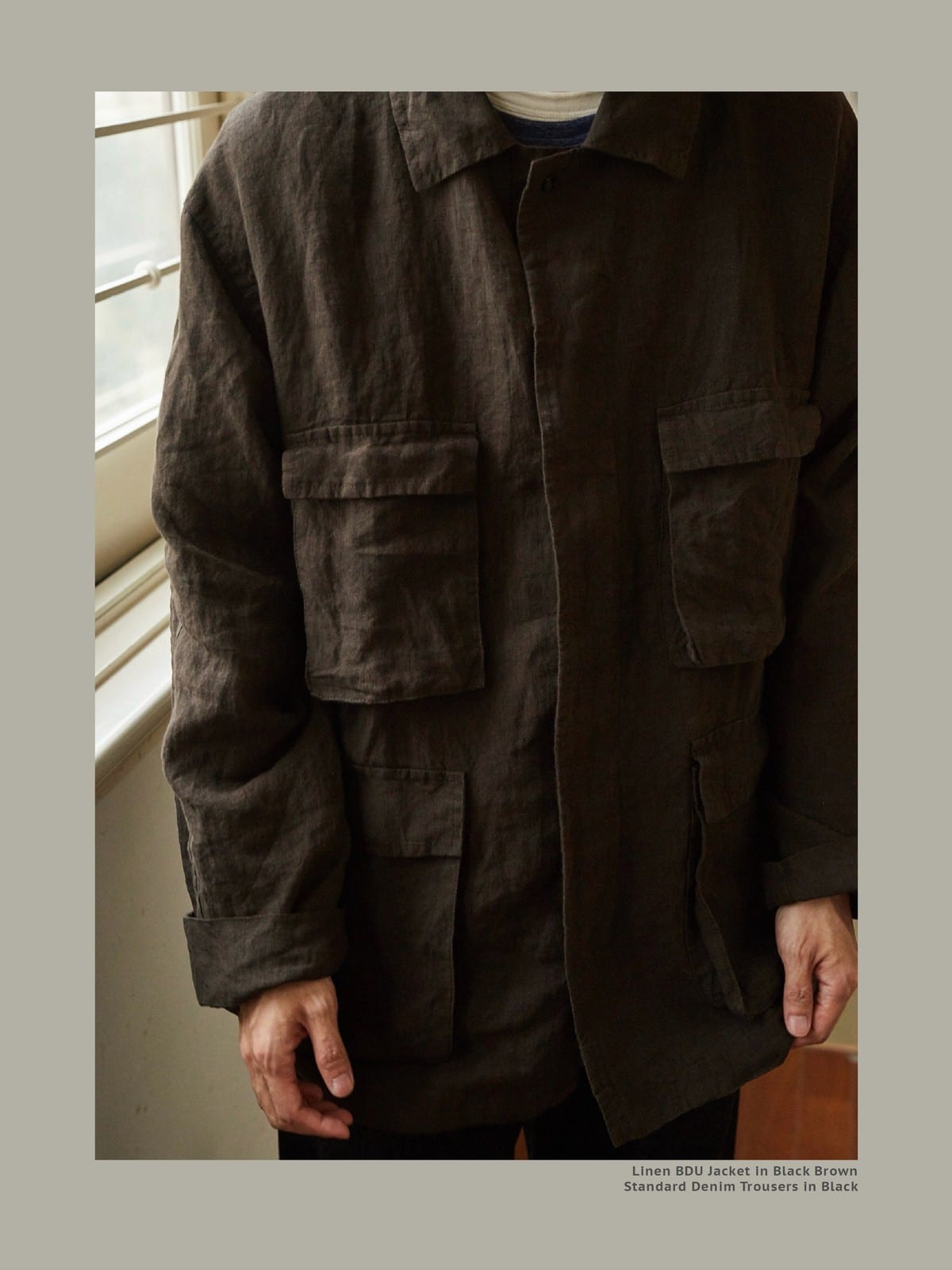USAGE Linen Four Pocket BDU Jacket in Brown - On Male Model