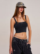 SMFK Distressed Camo Cotton Baseball Cap in Olive - On Female Model