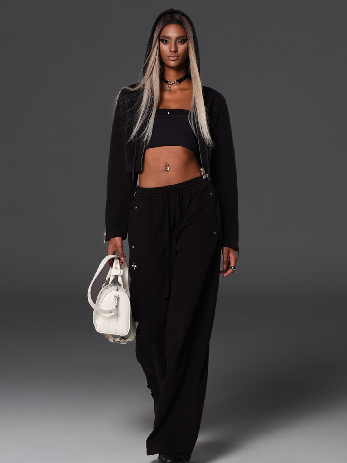 SMFK Cotton Wool Blend Cropped Zip Up Hoodie in Black - On Female Model