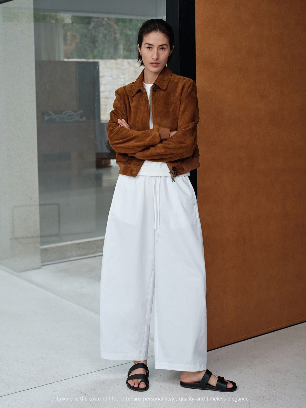 MSBEAST Cropped Suede Leather Jacket in Brown - On Female Model