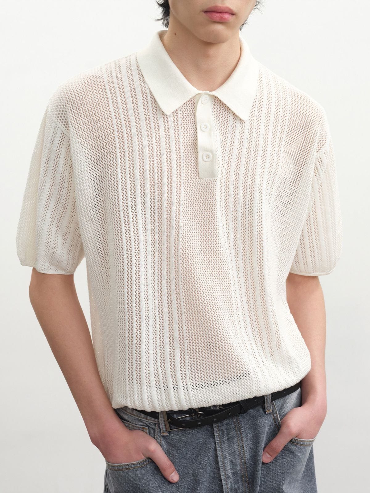 JCAESAR STUDIO Pointelle Ribbed Cotton Polo in White - On Male Model