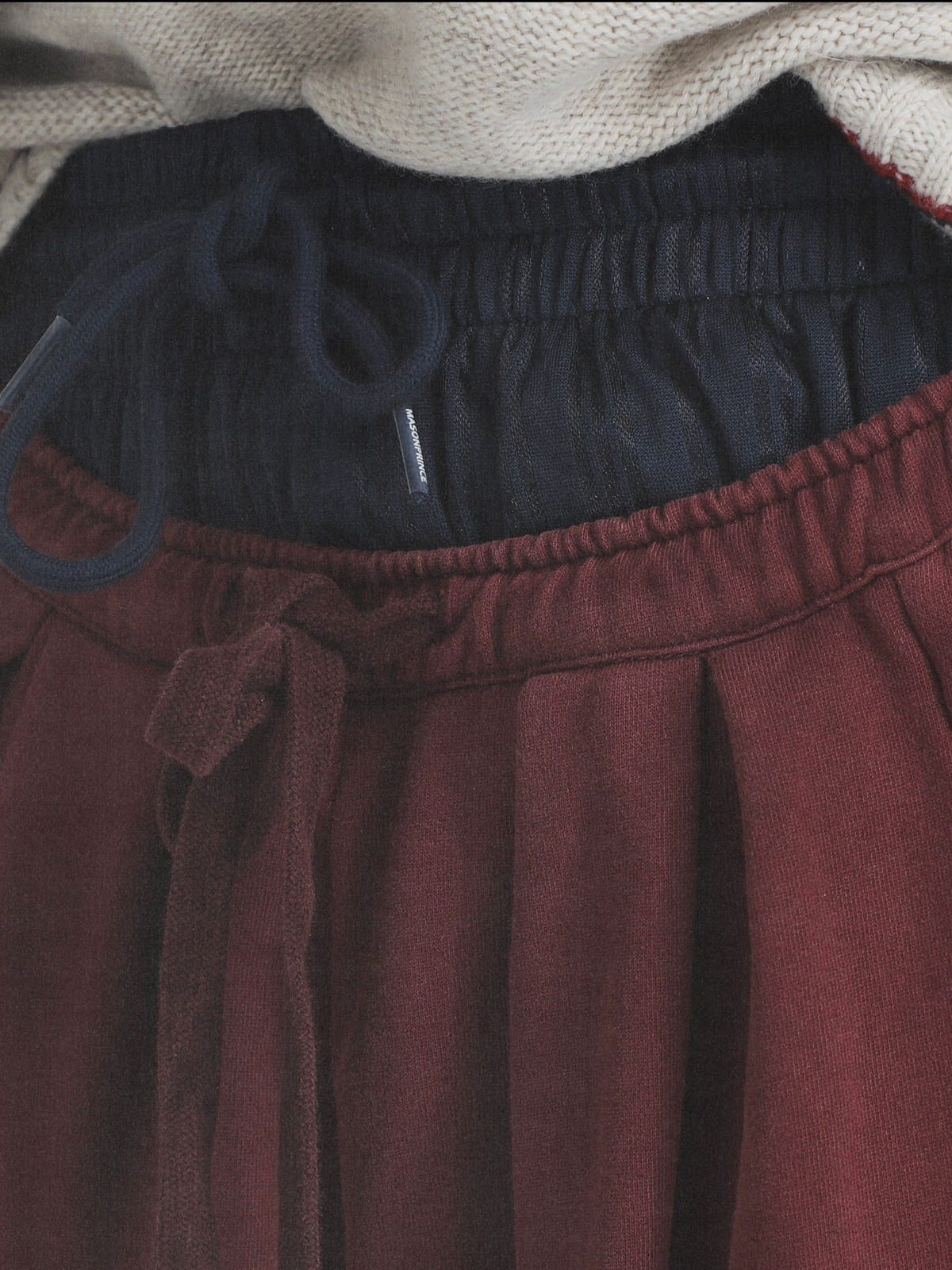MASONPRINCE Wide Leg Inverted Pleat Sweatpants in Burgundy - On Model