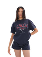 SweetChilling Oversized Vintage Print Cotton T Shirt in Navy Blue - On Female Model