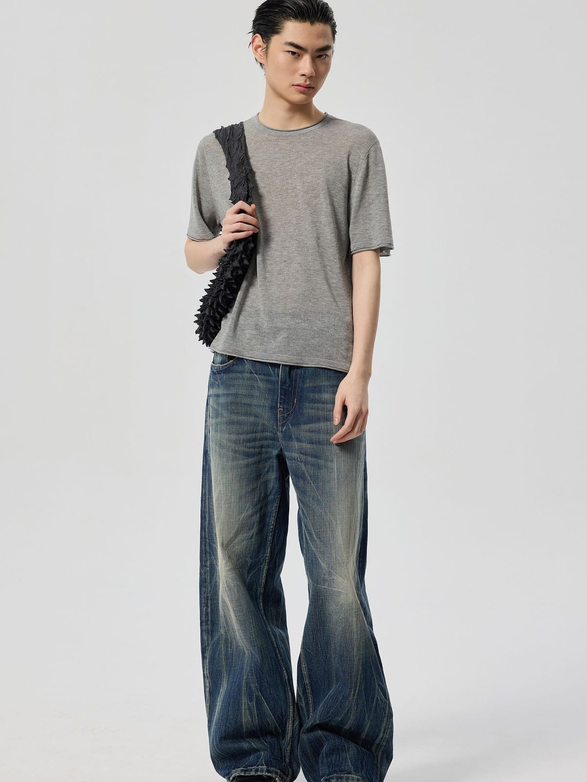 SIMPLE PROJECT Linen Blend Crewneck T Shirt in Gray - On Male Model
