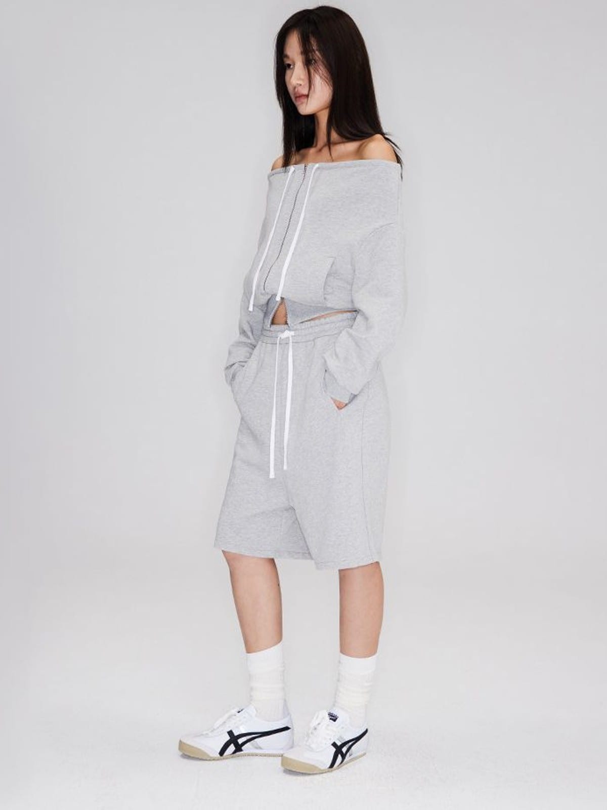RARELY ALIKE Cotton Drawstring Sweat Shorts in Gray - On Female Model