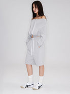 RARELY ALIKE Cotton Drawstring Sweat Shorts in Gray - On Female Model