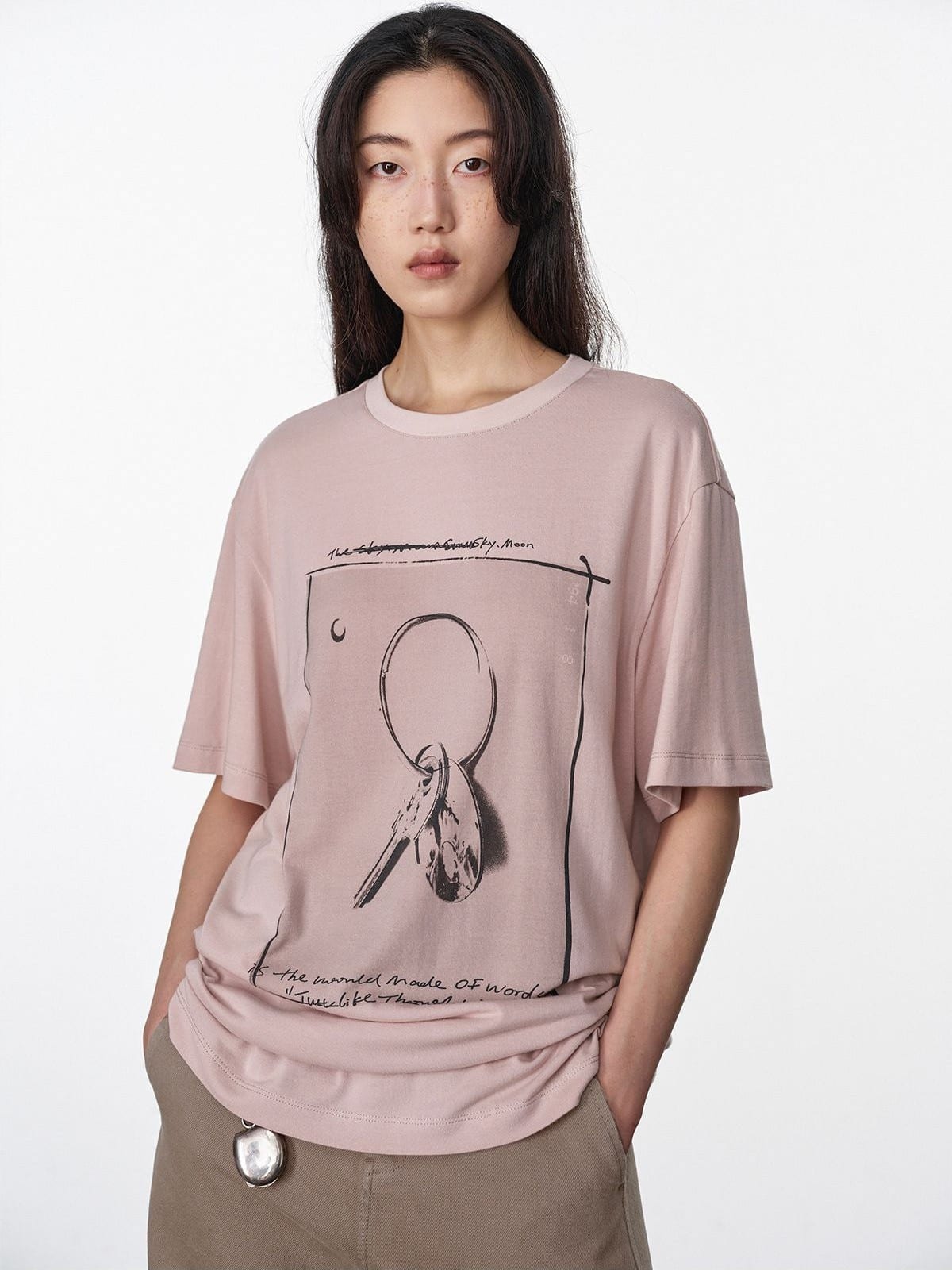 Random Piece Key Graphic Cotton T Shirt in Pink - On Female Model