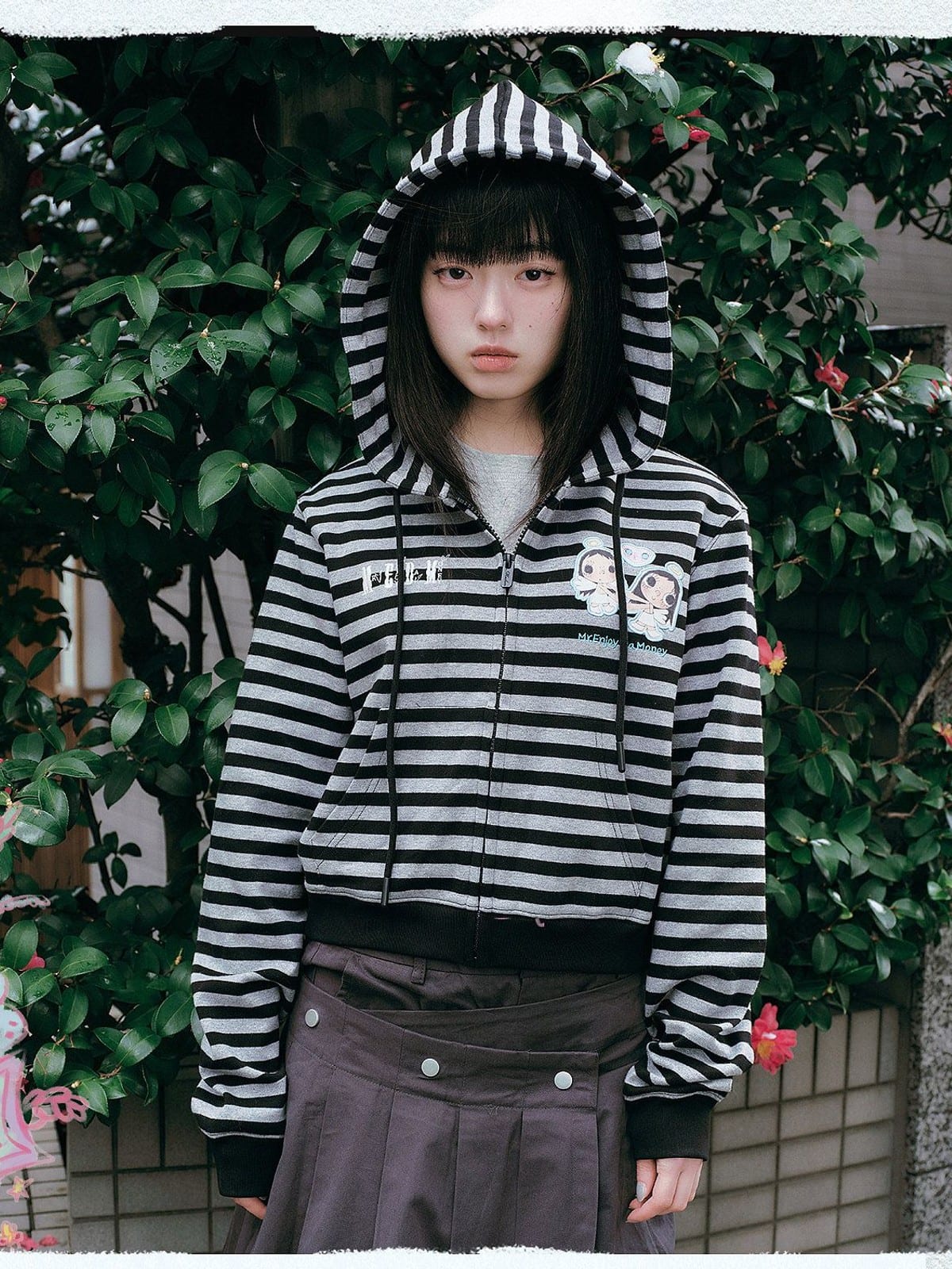 MEDM Cropped Striped Applique Zip Hoodie in Black - On Female Model