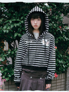 MEDM Cropped Striped Applique Zip Hoodie in Black - On Female Model