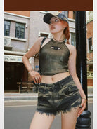 BeerBro Distressed Raw Hem Denim Shorts in Denim - On Female Model