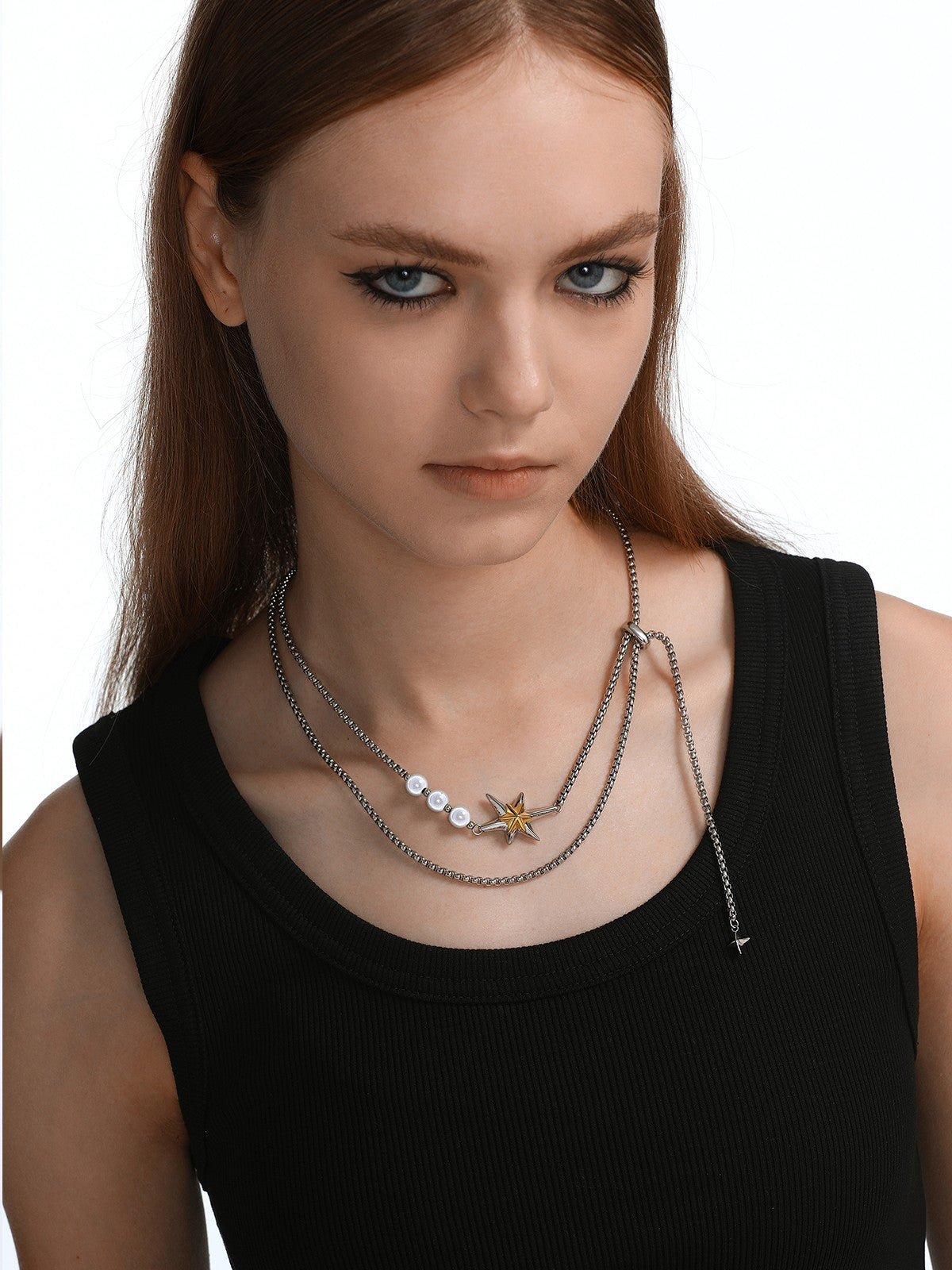 BLACKHEAD Star Pendant Pearl Layered Necklace in Gray - On Female Model