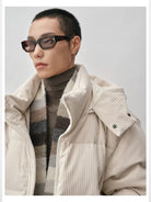 NANS Corduroy Texture Down Puffer Jacket in White - On Male Model