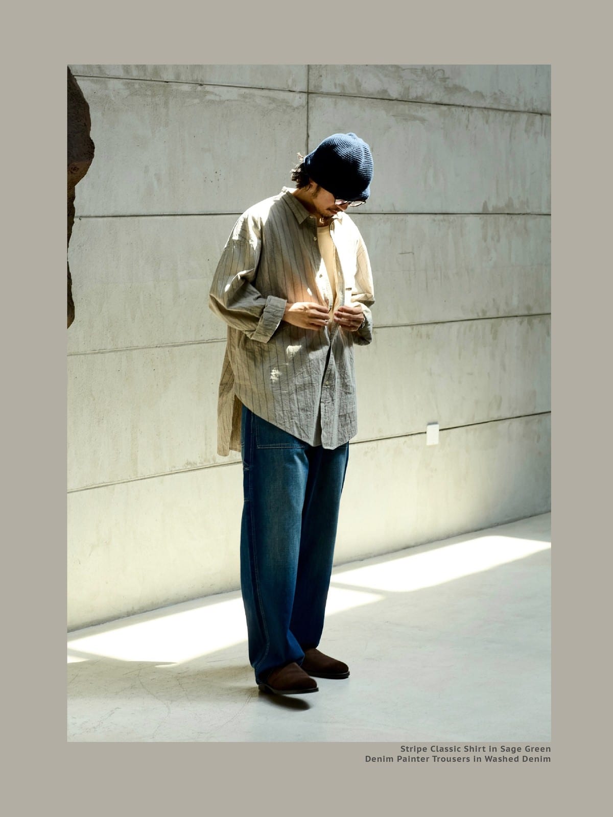 USAGE Crinkled Cotton Striped Button Down in Beige - On Male Model