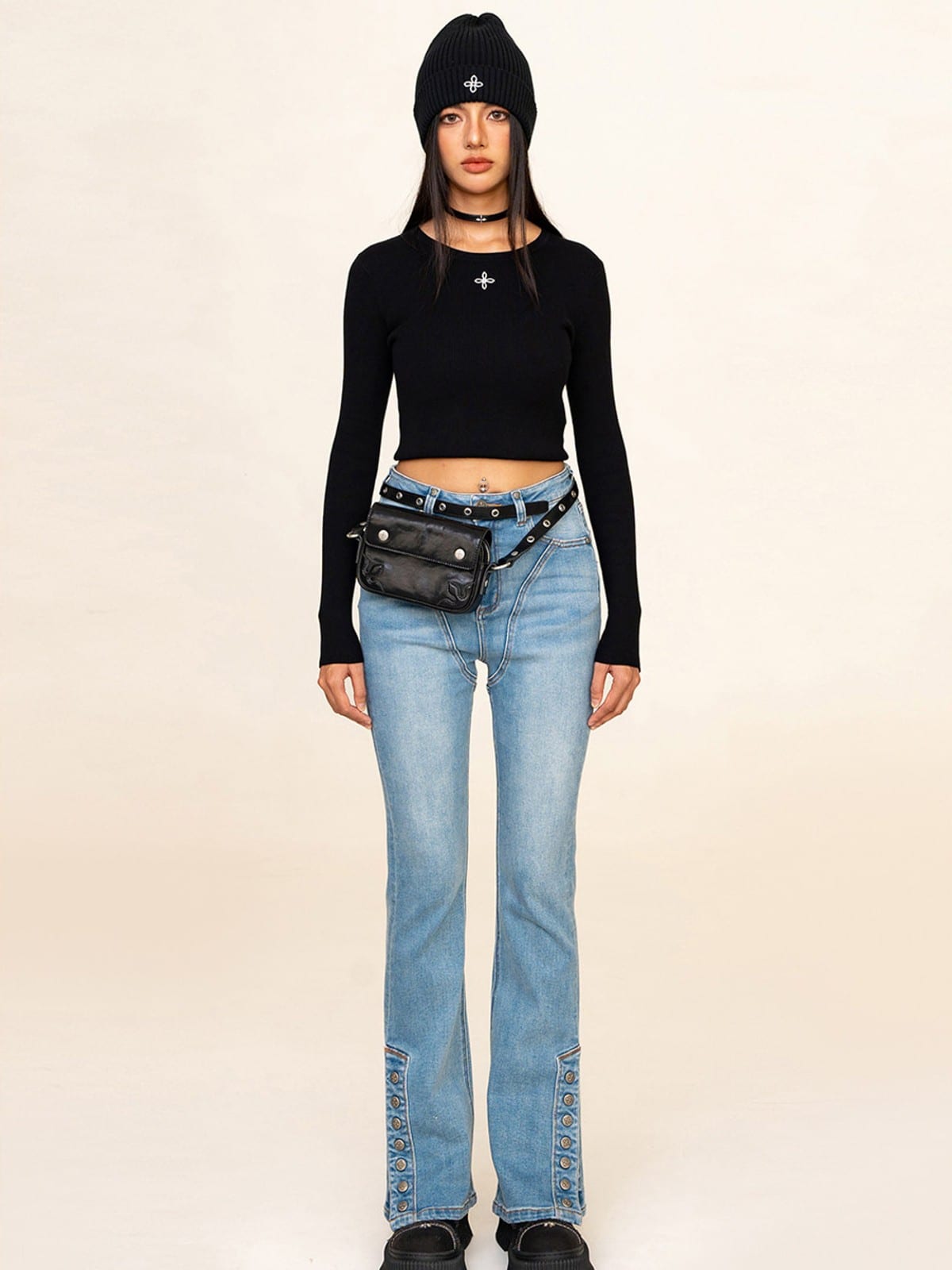 SMFK High Stretch Biker Flare Jeans in Denim - On Female Model