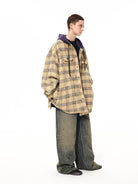 Unknownworld Oversized Padded Plaid Hooded Jacket in Beige - On Female Model