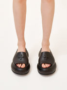 SMFK 7cm Platform Embossed EVA Slides in Black - On Model