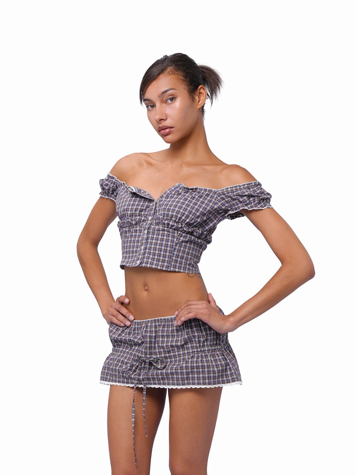 SweetChilling Drawstring Ruffled Mini Skirt in Brown - On Female Model