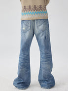 SIMPLE PROJECT Distressed Patchwork Flared Jeans in Blue - On Model