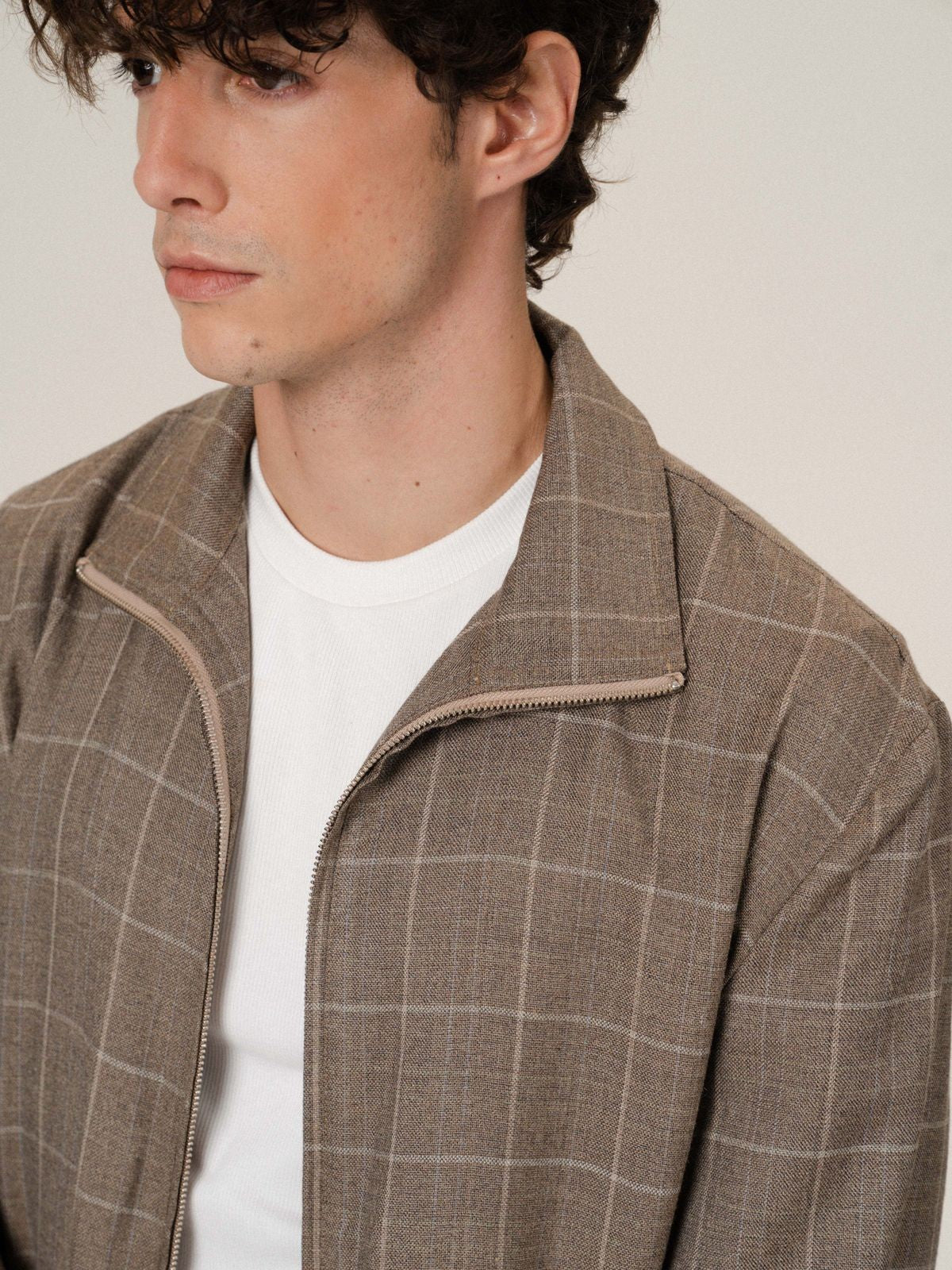 Retro 21 Silk Wool Plaid Double Zip Jacket in Brown - On Male Model