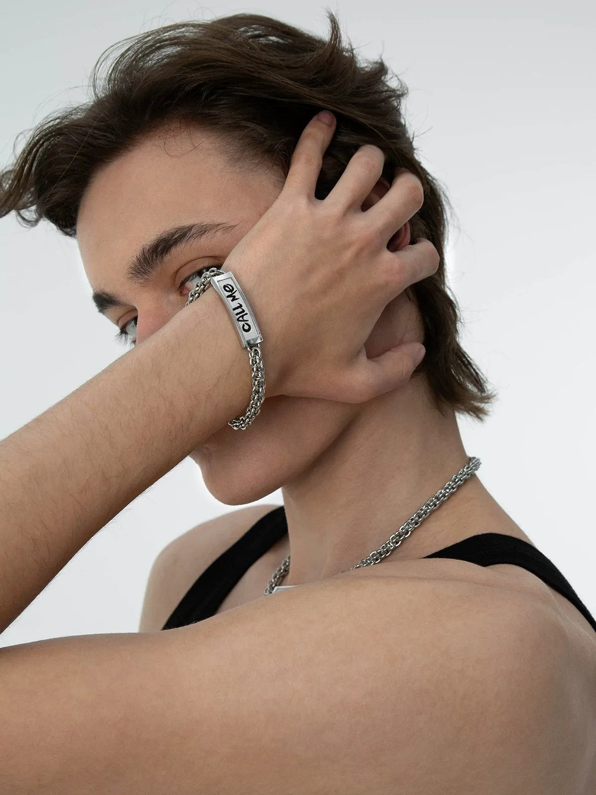 BLACKHEAD Call Me Steel Cuban Chain Bracelet in Silver - On Male Model