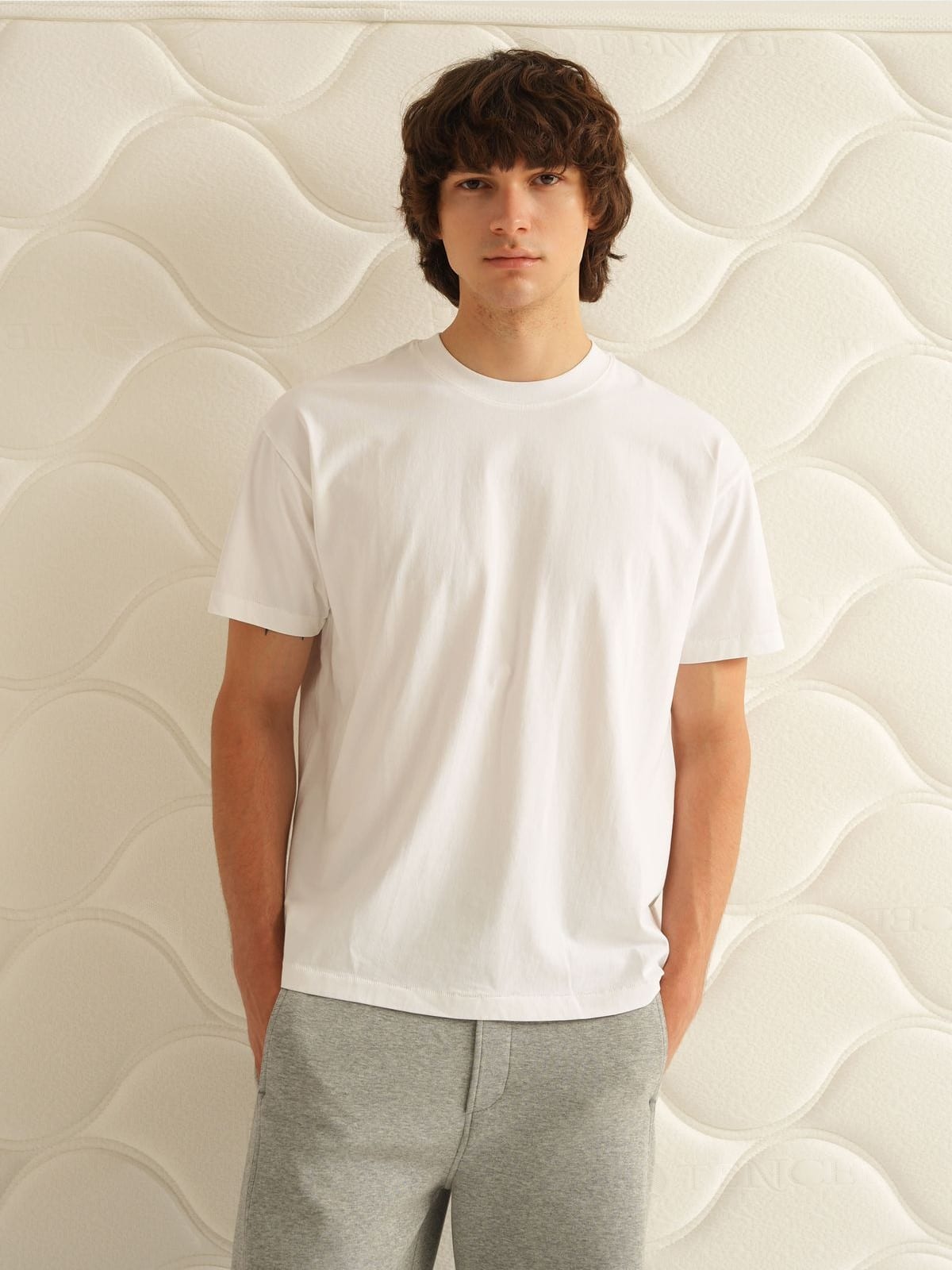 Retro21 Tubular Knit Brushed Cotton T Shirt in White - On Male Model