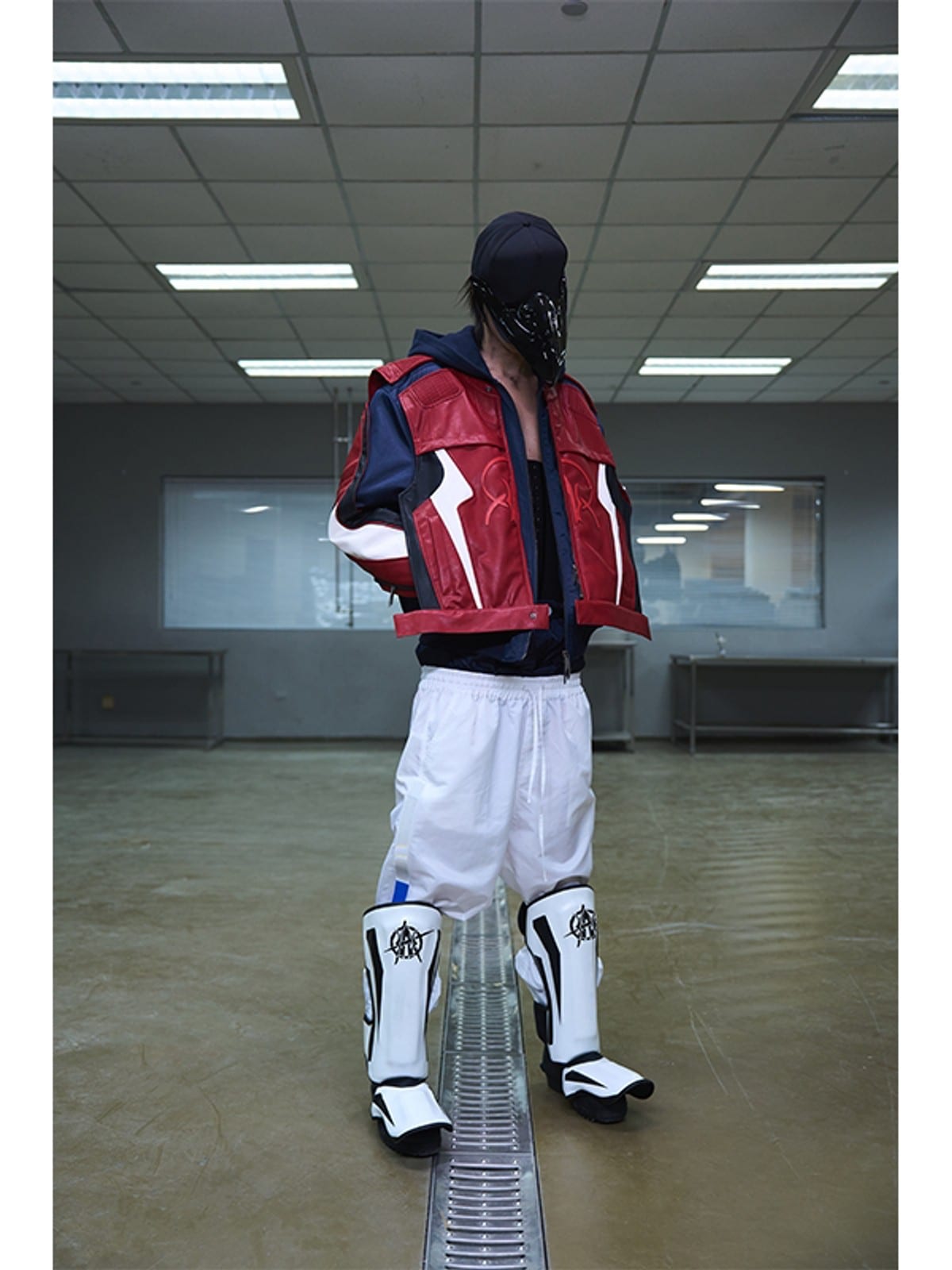 BLINDNOPLAN Layered Colorblock Racing Jacket in Red - On Model