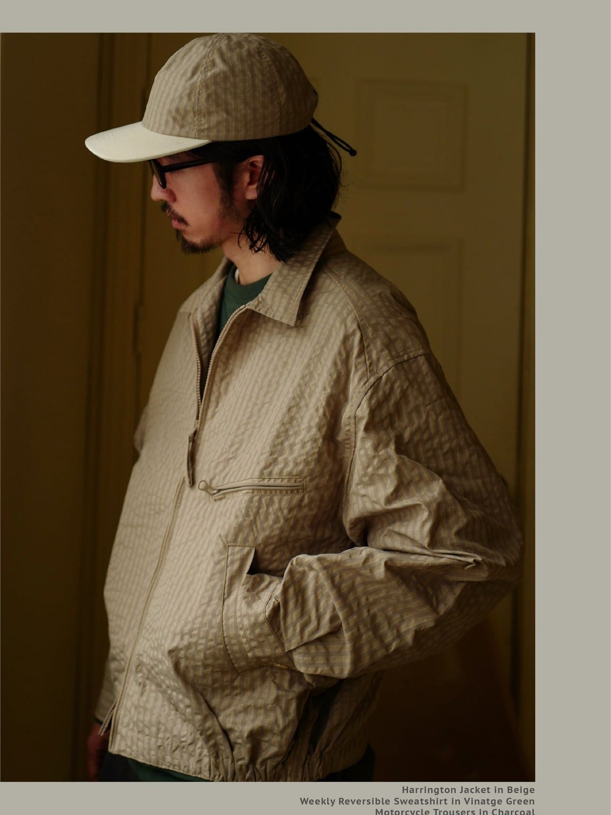 USAGE Jacquard Check Harrington Jacket in Beige - On Male Model