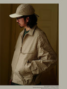 USAGE Jacquard Check Harrington Jacket in Beige - On Male Model
