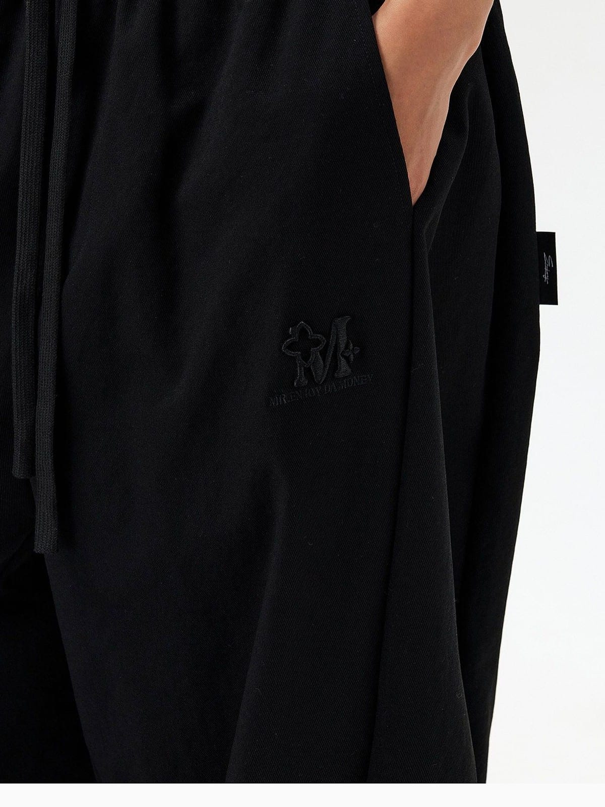 MEDM Spliced Drawstring Wide Leg Trousers in Black - On Model