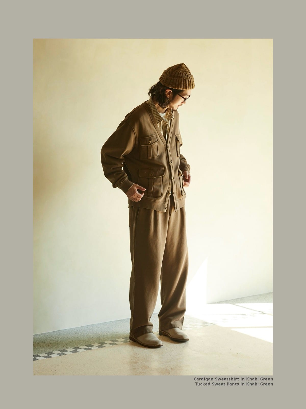 USAGE Cotton Safari Pocket Cardigan Sweatshirt in Beige - On Male Model