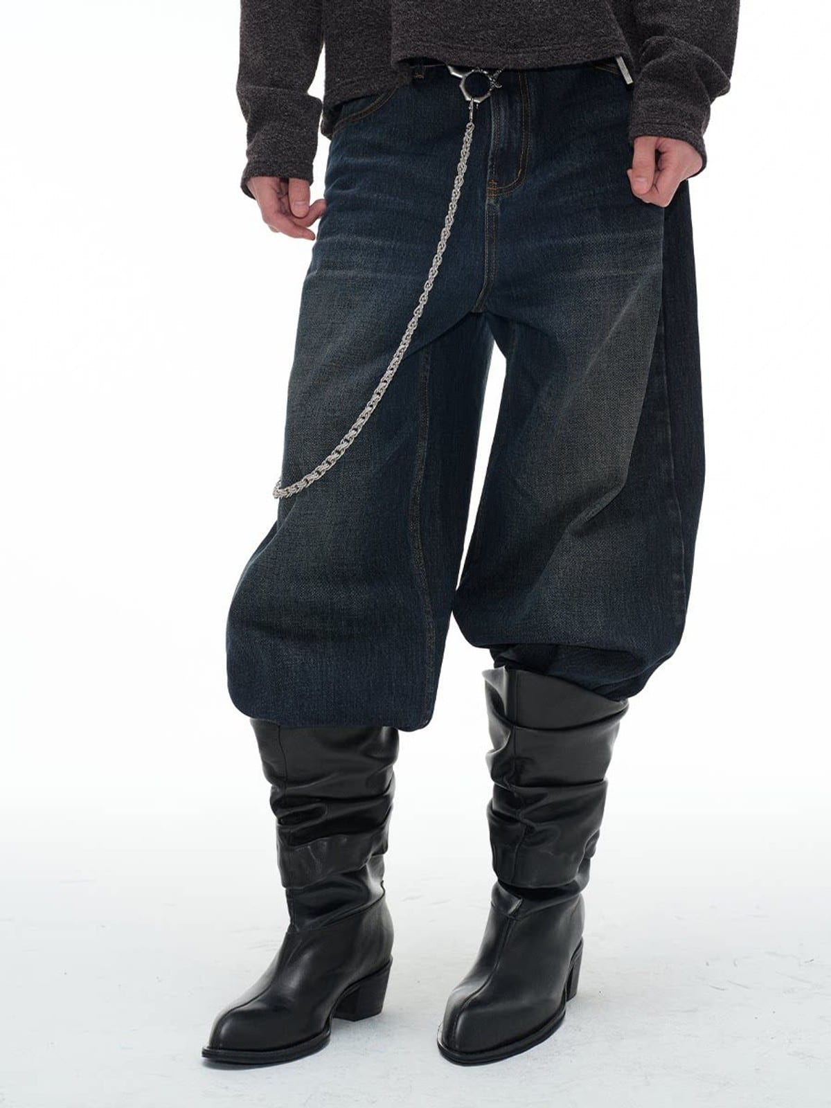 JCAESAR STUDIO Pleated Leather Fold Over Boots in Black - On Model