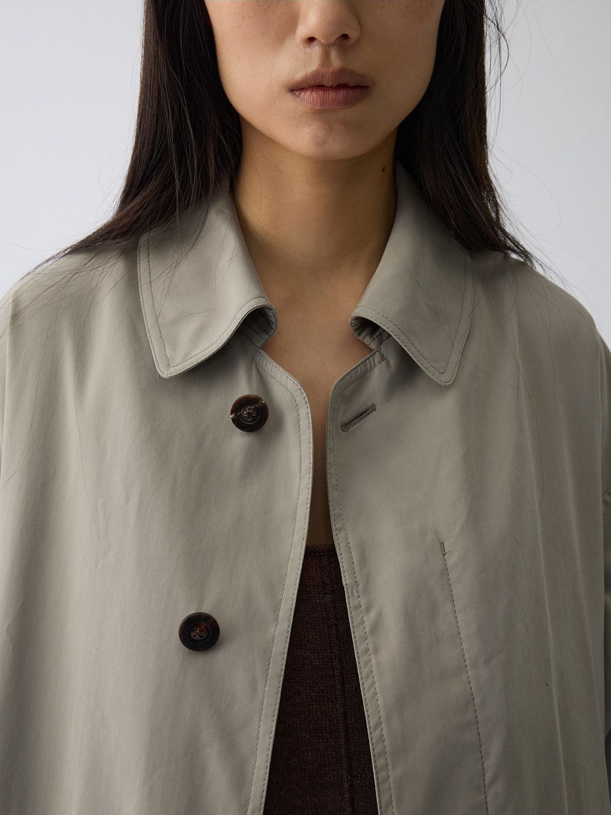 Random Piece Soft Draped Nylon Blend Trench Coat in Mint - On Female Model