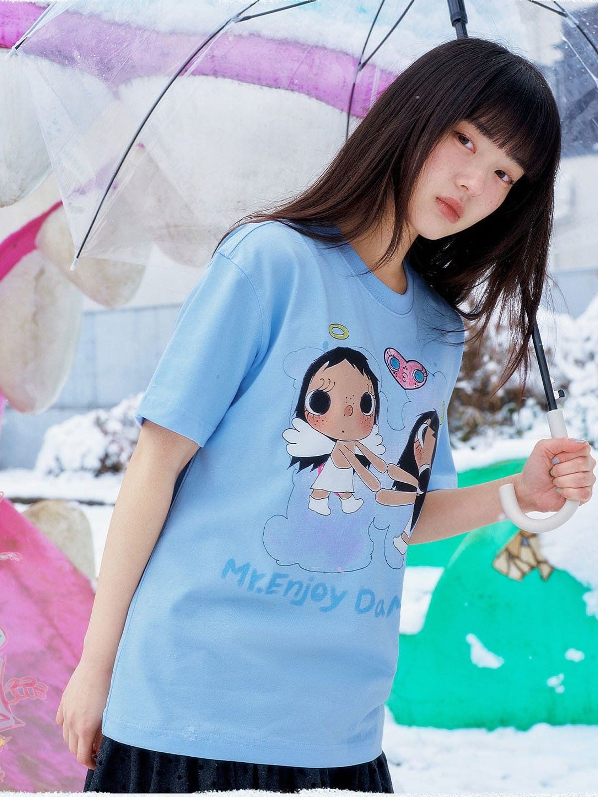 MEDM Embroidered Heart Cotton T Shirt in Sky Blue - On Female Model