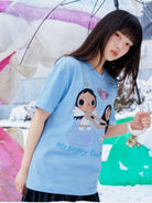 MEDM Embroidered Heart Cotton T Shirt in Sky Blue - On Female Model