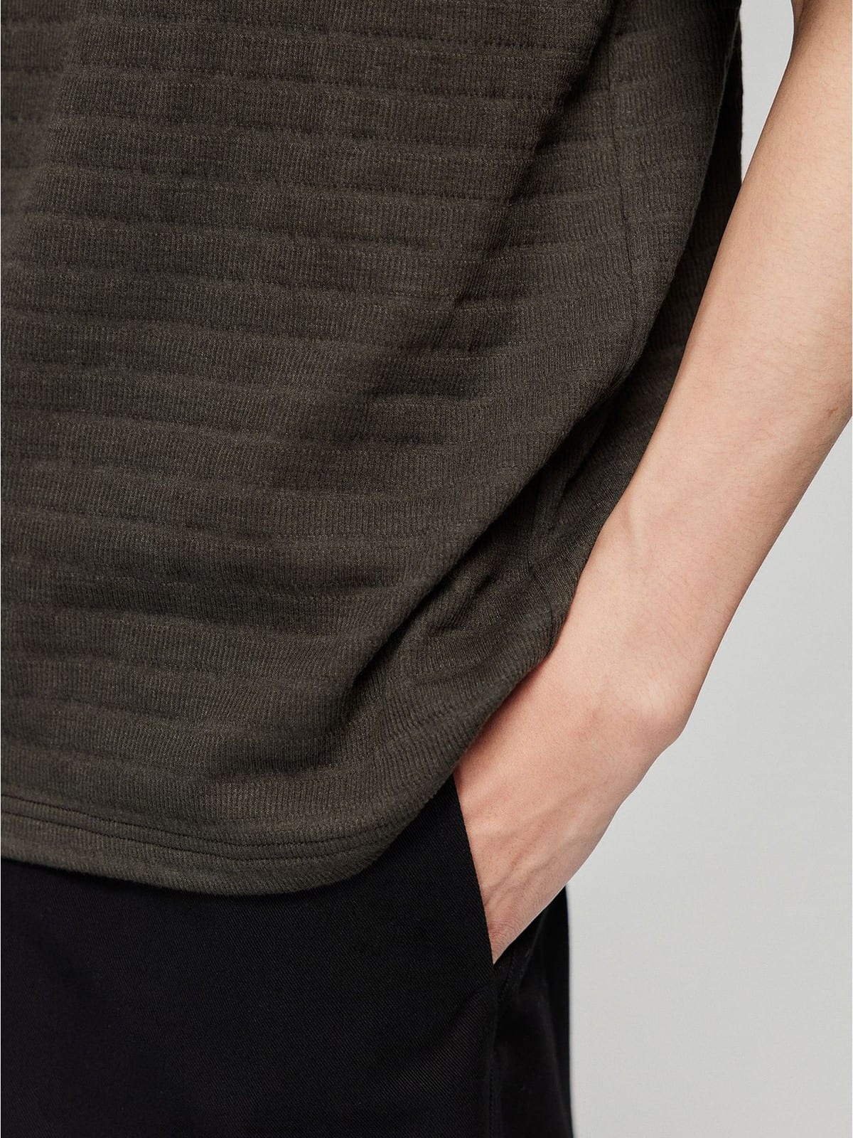 SIMPLE PROJECT Textured Diagonal Paneled T Shirt in Gray - On Model