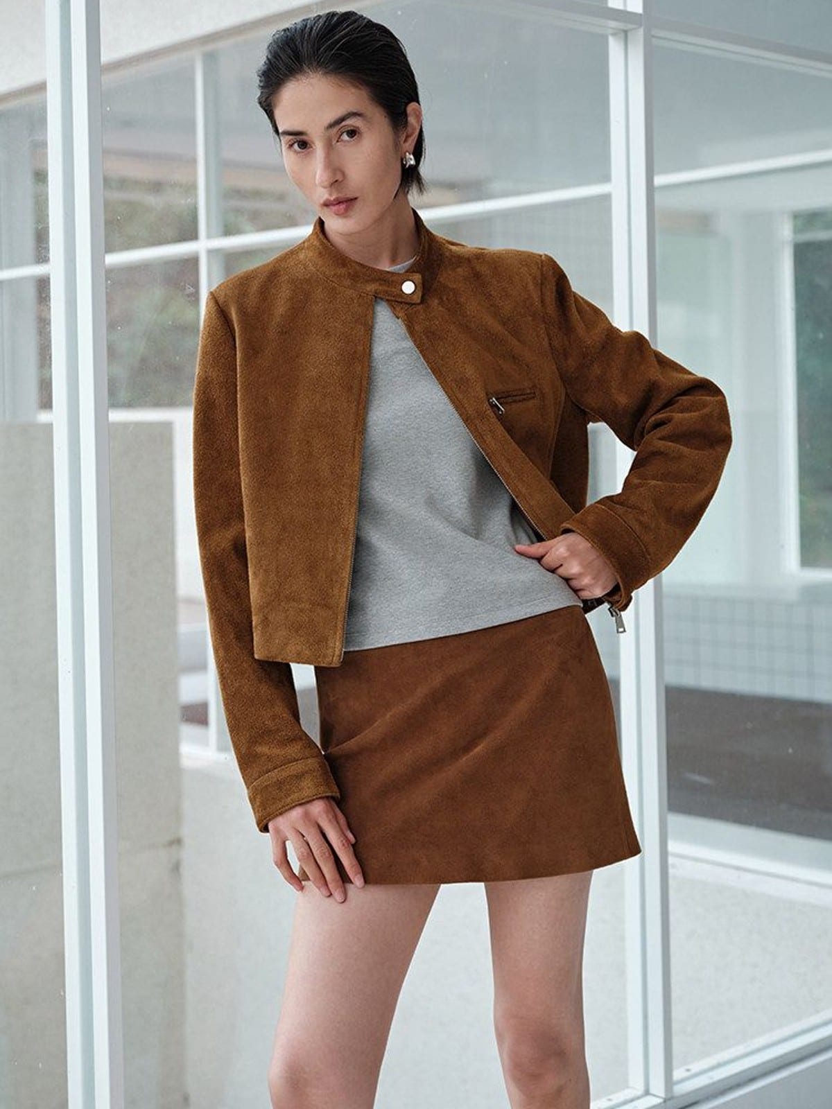 MSBEAST Suede Leather Cropped Moto Jacket in Brown - On Female Model