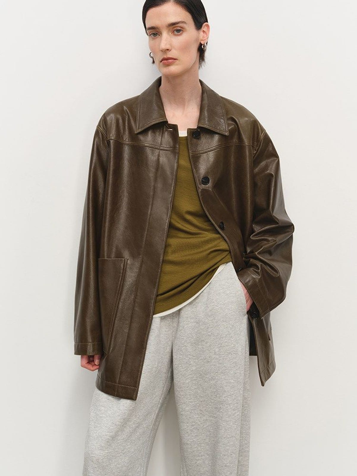 MSBEAST Mid Length Sheepskin Leather Jacket in Olive - On Female Model