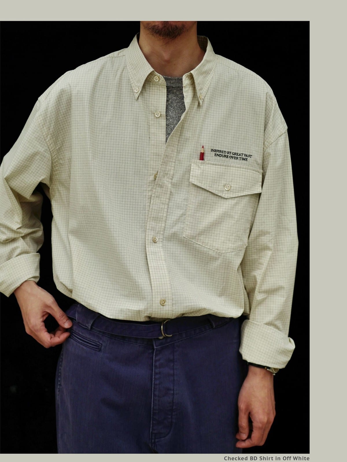 USAGE Oversized Micro Check Button Down Shirt in Cream - On Male Model