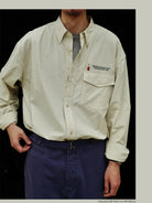 USAGE Oversized Micro Check Button Down Shirt in Cream - On Male Model