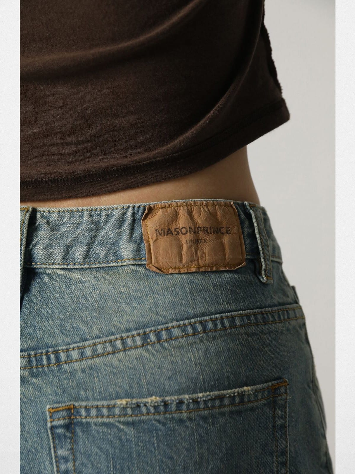 MASONPRINCE High Waisted Distressed Flared Jeans in Denim - On Model