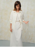 TEASEL Crinkled Silk Blend Short Sleeve Top in White - On Female Model