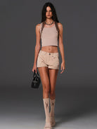 SMFK Vintage Cotton Cargo Mini Shorts in Beige - On Female Model