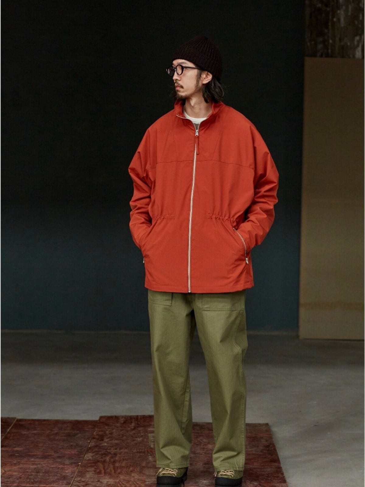 USAGE Drawstring Zip Front Tech Anorak in Orange - On Male Model