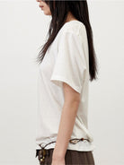Random Piece Linen Blend U Neck T Shirt in Brown - On Female Model