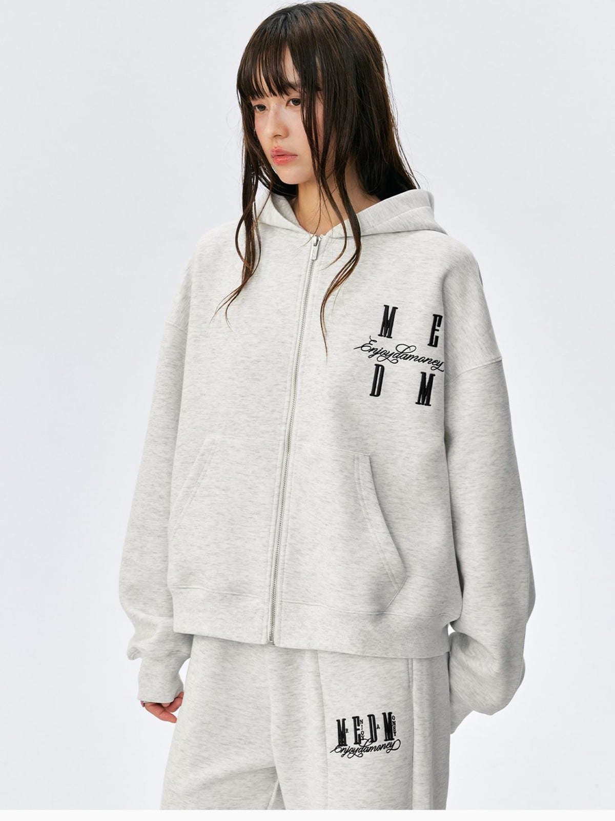 MEDM Embroidered Cotton Blend Zip Up Hoodie in Beige - On Female Model